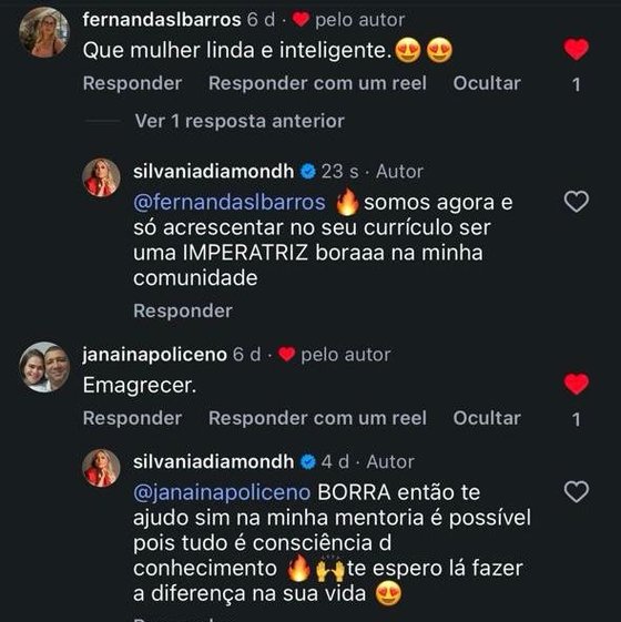 Comentário real de seguidora — reconhecimento